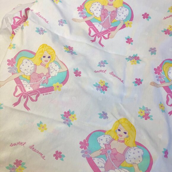 Vintage 90s Barbie Bedsheets Twin Set (Flat + Fitted) 1997 Sweet Dreams Ribbons - Picture 11 of 15